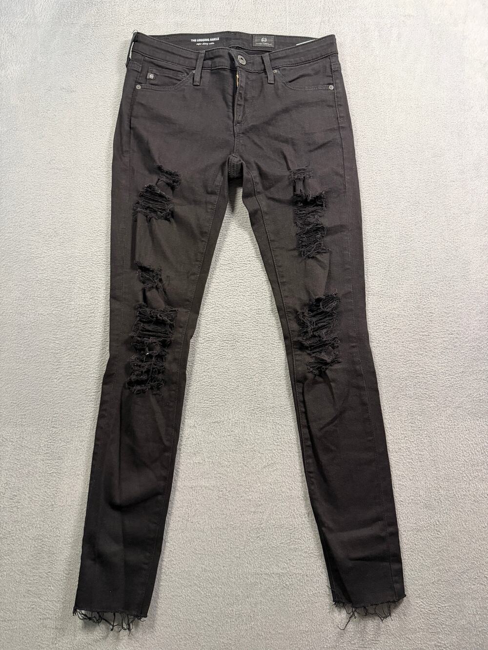 AG Adriano Goldschmied The Legging Ankle Black Heavily Distressed Jeans Size 25